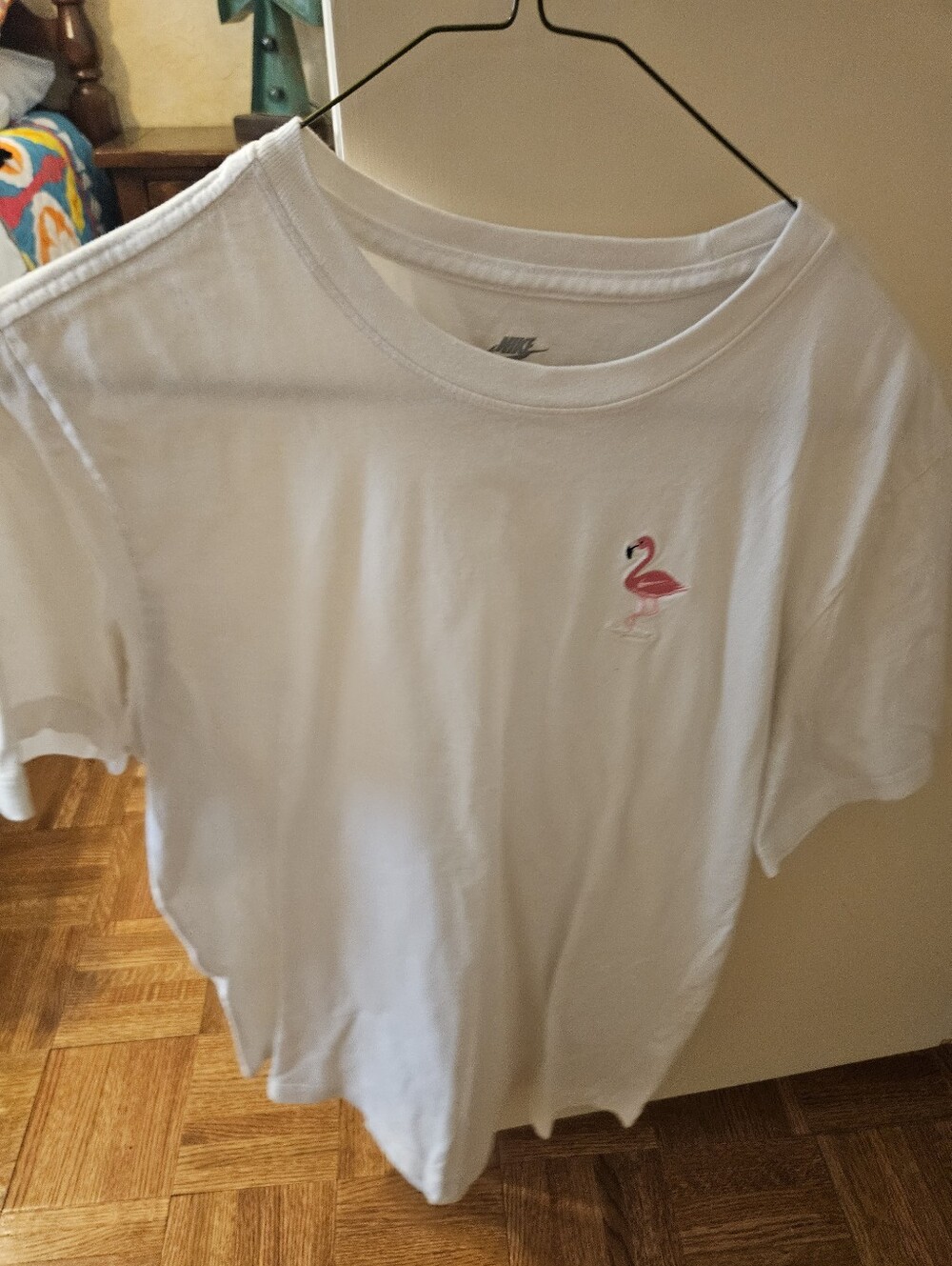 White Nike T‑Shirt with Pink Flamingo Embroidery